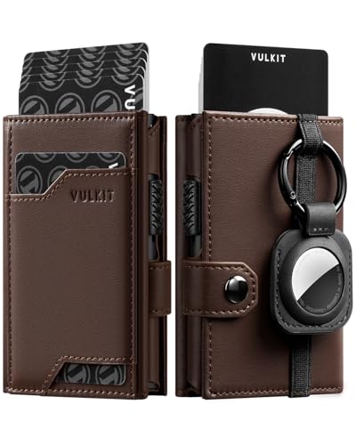 Image of VULKIT Airtag Wallet with Keyring Mens Pop up Credit Card Wallet with Air Tag Holder Trifold ID Window RFID Blocking, Top Grain Cowhide Espresso, Minimalist