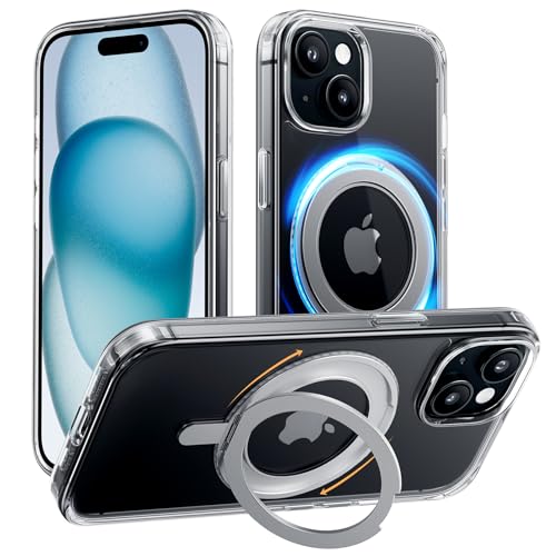 NIMASO iPhone 15 用 ケース 縦横両対応 360°回転スタンドケース アイフォン15用 MagSafe対応 携帯スマホケース リングマグネット搭載 ワイヤレス充電対応 米軍MIL規格 耐衝撃性 いphone15 カバー アジャスタブルスタンド クリア