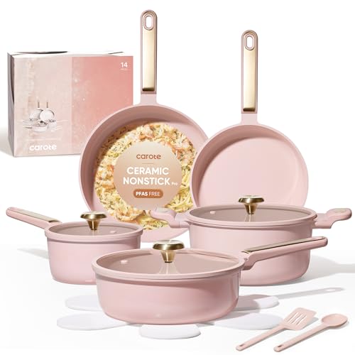 Image of CAROTE Ceramic Cookware Set Nonstick, 14pcs Pots and Pans Set Nonstick, Non-Toxic & PFAS-Free, Dishwasher, RV /Camping Cookware Set, Cooking Pots with Lids, Pink Blush