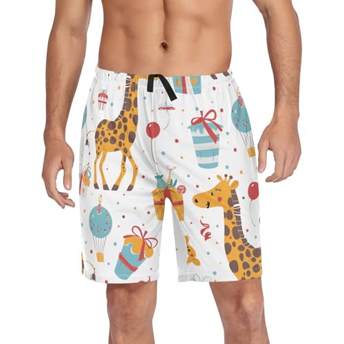 Birthday Giraffe Balloon Pajama Bottom Shorts for Men Soft Casual Sleep Lounge Shorts with Pockets S-XXL