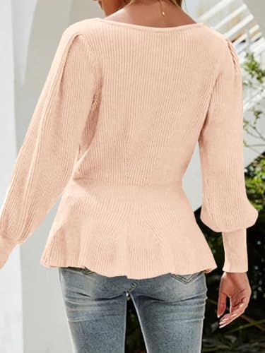 Image of Womens Fall Puff Sleeve Peplum Casual Slim Fit Knit Pullover Sweater Jumper Tops