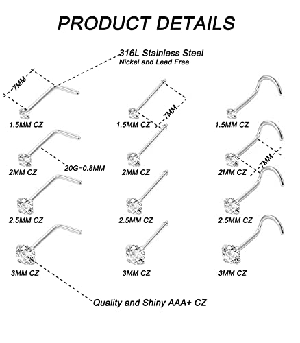 Vegolita 24Pcs 20G Surgical Steel Nose Rings Hoop Nose Studs Tragus Cartilage Earrings Piercing Jewelry 1.5Mm 2Mm 2.5Mm 3Mm Cz Silver #TOP4