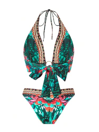 SOLY HUX Bikini Sets for Women Floral Print Halter Bathing Suit Tie Back Boho Vacation Two Piece Swimsuit2