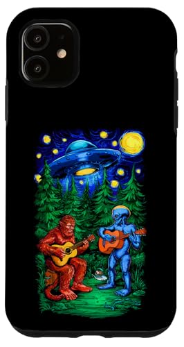 Carcasa para iPhone 11 Funny UFO Alien Bigfoot Sasquatch Camping Tocando Guitarra