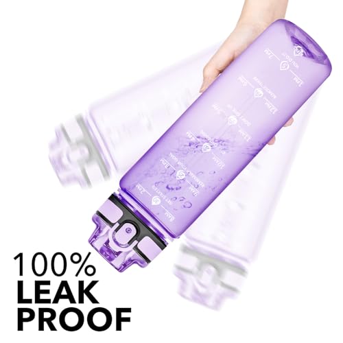 Image of 32oz Transparent Water Bottle with Time Marker, Clear Purple Motivational Drinking Bottle with Strap, BPA-Free Leak-Proof, Encouraging Water Bottle to Drink Water for Gym School Office Travel