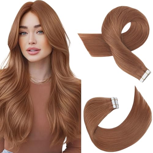 Image of Moresoo Copper Brown Skin Weft Tape in Extensions, 24 Inch, 20Pcs, 50g | Remy straight human hair tape in extensions, seamless tape extensions, extra long length, add length, lightweight wear