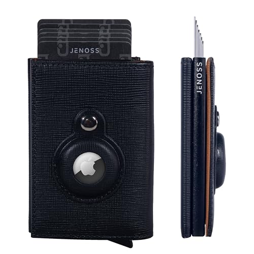 Image of Jenoss Smart AirTag Wallet for Men: Full Grain Leather, Handcrafted, Black Pop Up Case, Slim, RFID Blocking Credit Card Holder Compact, 12 Slot Organizers ID Cash Apple Air Tag Tracker (Black & Brown)