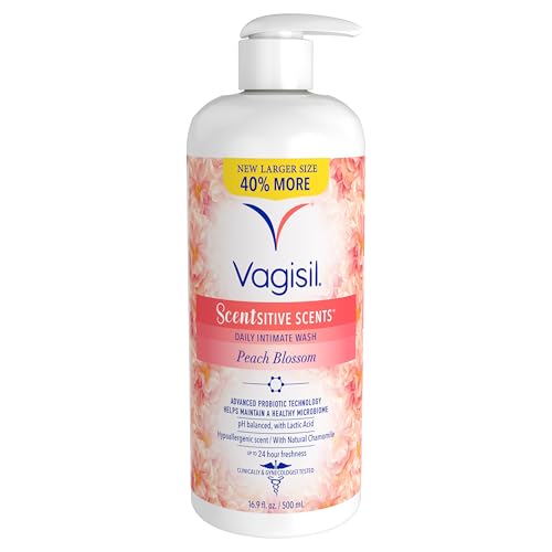 Vagisil Feminine Wash for Intimate Area Hygiene, Scentsitive Scents, pH Balanced and Gynecologist Tested, Peach Blossom, 16.9oz with Pump