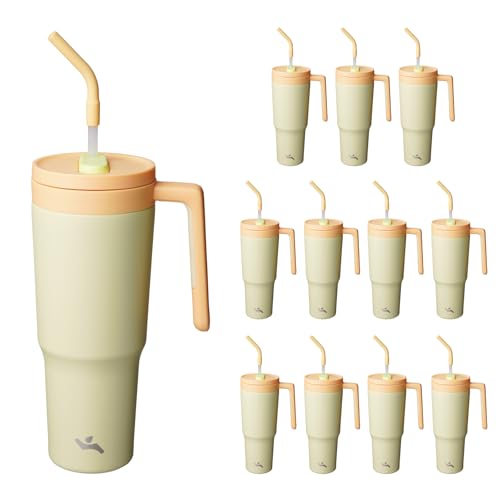 Image of Konokyo 12 Pack 40 Oz Tumblers with Handle and Straw, Bulk Vacuum Insulated Stainless Steel Travel Mugs with Lids for Office, Events and Group Orders Lemon