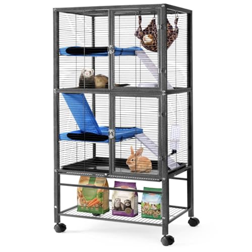 HABUTWAY 55H Large Metal Rolling Ferrets Cage Cage for Rats/Chinchillas 0.5 Bar Spacing for Ferret Small Animal Cage w/Removable Ramp & Platform