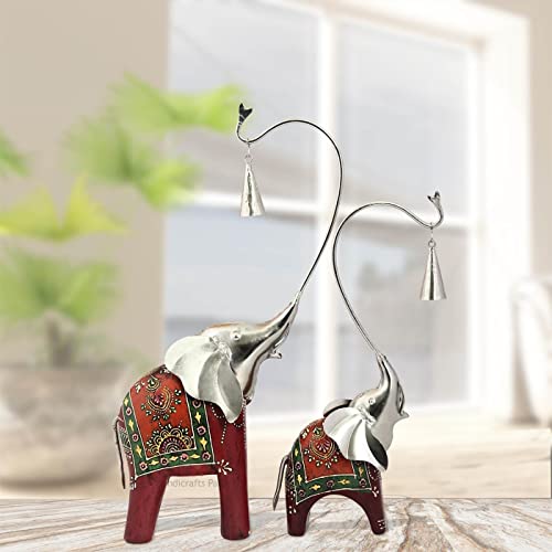 Handicrafts Paradise Wooden and Metal Maroon Elephant Handmade Decorative Gift Item showpiece with Bells for Home Décor (15 inch) - Set of 2 pc