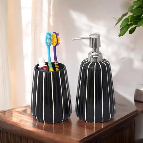 Image of Hand-Painted Ceramic Bathroom Accessories Set of 2 - Black Stripe