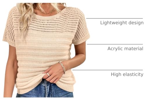 Image of SHEWIN Womens Sweaters Crew Neck Short Sleeve Shirts Summer Tops Knit Hollow Out T Shirts Sweater Blouses