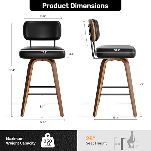 Image of Swivel Bar Stools Set of 2, 26 inch Upholstered Faux Leather Counter Height Barstools with Walnut Back & Bentwood Legs, Mid Century Modern Bar Chairs Island Stools for Kitchen Counter, Black