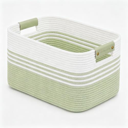 Image of 19.2GAL Sturdy Large Laundry Basket with Handles for Bathroom, Dorm Dirty Clothes, Portable Aesthetic Boho Cute Woven Storage Blanket Baskets for Living Room Decor Girls Boys Pets Toys White Green