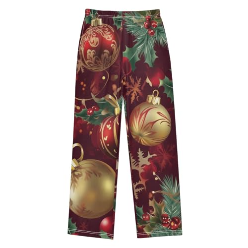 Christmas Balls Holly Leaves Boys Long Pants Soft Trousers Elastic Waist Kids Lounge Bottoms with Pockets S-XL