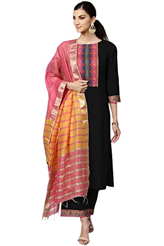 Image of Women's Cotton Kurta with Palazzo and Dupatta (ALC8120N Black S)
