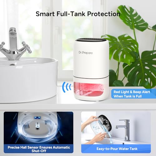 Dr.Prepare Deshumidificador 1L Silencioso Deshumidificador Portátil Pequeño con Luz LED Temporizador 2/4/8 H Apagado Automático para Dormitorio, Baño, Armario, Autocaravana - imagen 4