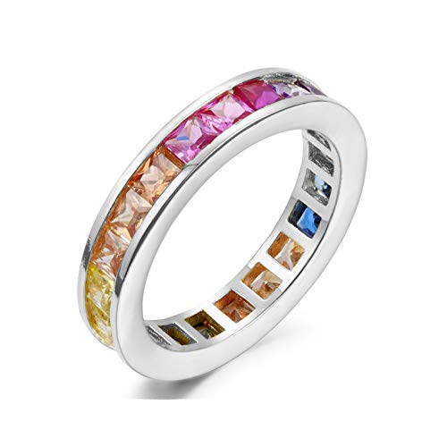 NYC Sterling Women's .925 Silver 3MM Multicolor Rainbow Princess Eternity Band Ring (9)