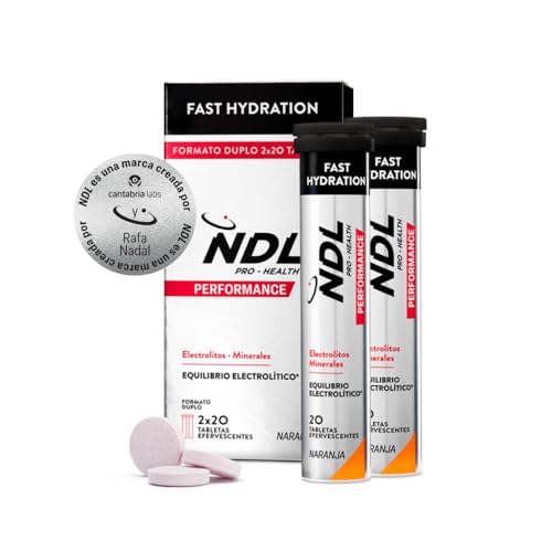 NDL Pro-Health Fast Hydration - Tabletas de hidratación rápida, bebida electrolitos y sales minerales para el deporte, disminuye el cansancio y la fatiga, sabor Naranja, Pack 2, 40 tabletas