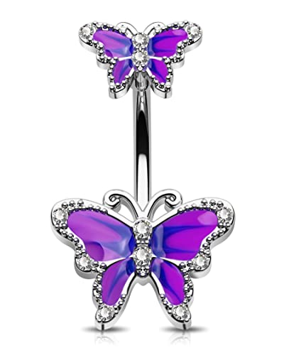Jewseen Butterfly Belly Button Ring Surgical Steel 14G Belly Ring Purple Navel Piercing Jewelry Curved Barbell Belly Piercing Jewelry for Women