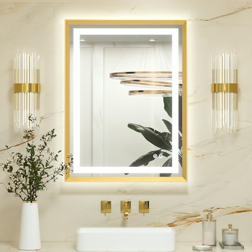 Keonjinn Gold Bathroom Mirror with Led Lights 60x80cm, Antifog Vanity Mirror Gold Frame Back and Front Lit 3 Colour Dimmable Illuminated Wall Mounted Rectangle Digital Mirrors