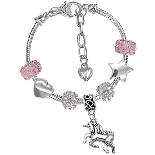 Bracelet à breloques scintillant pour filles avec breloque de licorne et cristaux roses - avec coffret cadeau Cover