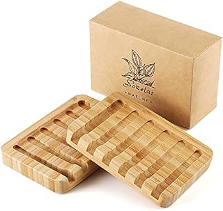 Bamboo Wooden Soap Dish Holder, soap case self draining Waterfall Drain Soap dish Tray bar soap saver for Shower, Bathroom, Kitchen, Bath Tub, Razor, Sponges, Counter Top2 Pack