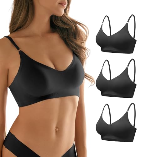 Image of DEANGELMON V Neck Bra Padded Seamless Adjustable Straps Bralettes Everyday Basic Sleeping Bras Multiple Pack
