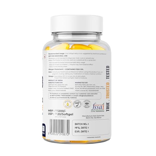 Image of NATURALTEIN Pro Strength Omega 3 Plus Fish Oil 1000mg with EPA 180mg & DHA 120mg | Enriched with Vitamin D3 & Vitamin E | Supports Heart, Brain, Skin, Eye & Joint Health | Heavy Metal Tested | 60 Softgels