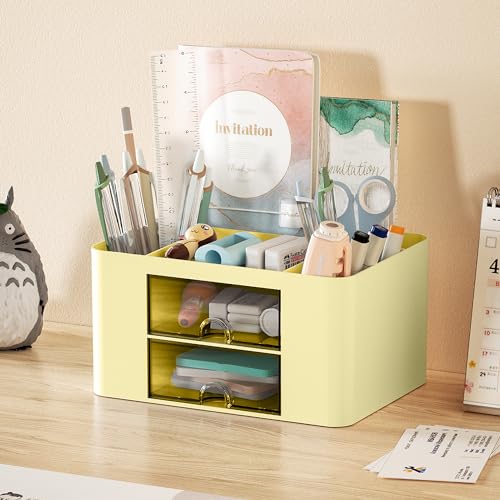 Image of Marbrasse Pen Organizer with 2 Drawer, Multi-Functional Pencil Holder for Desk, Desk Organizers and Accessories with 5 Compartments + Drawer for Office Art Supplies (Yellow)