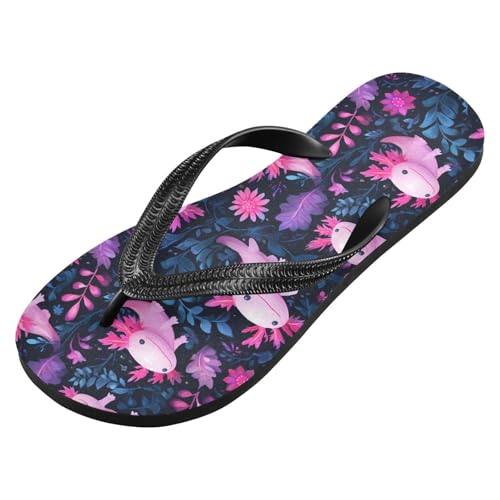 ALAZA Cute Axolotl Leaves Flip Flops for Women Fashion Beach Slippers Comfort Mens Flip Flops Non-Slip Rubber Shower Slippers Sandal for Hotel Travel Sport,XS2