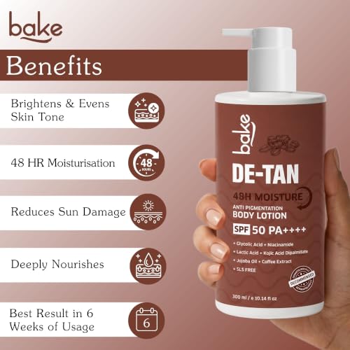 Image of BAKE De-Tan Coffee Body Lotion (300ml) 48 Hour Moisturization with Kojic Acid, Lactic Acid, Niacinamide & SPF 50 PA++++ for Pigmentation & Tan Removal | For Dark Spots & Sun Protection | Tanned & Pigmented Skin | For Women & Men