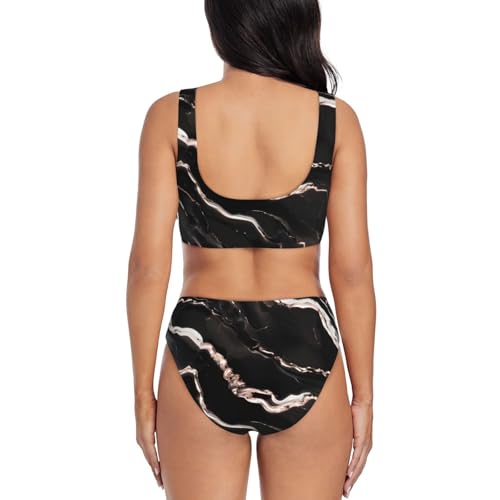 Maillot de bain 2 pièces imprimé marbre noir et reflets or rose - 3