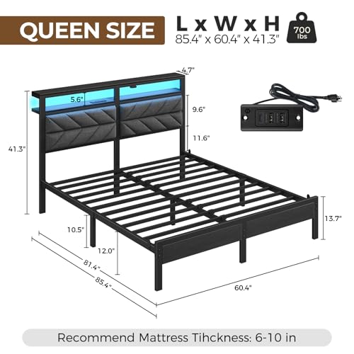 Image of Seventable Queen Bed Frame with Charging Station & LED Lights, Upholstered Headboard with 2-Tier Storage Shelves, Metal Platform with Under Bed Storage, No Box Spring Needed, Easy Assembly, Dark Grey