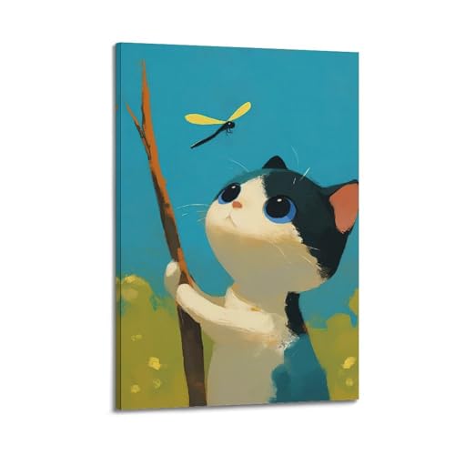 Toile chaton branché et libellule WIZIGM déco chambre enfant 20x30cm