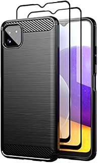 Teayoha Case for Samsung Galaxy A22 5G, with Tempered Glass Screen Protector [2 Pack], Carbon Fiber Scratch Resistant, Shock Absorption Soft TPU Drawing Protective Cases Phone Cover - Black