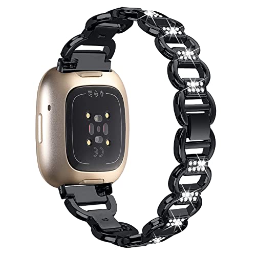 LAZIRO Metal Bracelet Compatible with Fitbit Versa 4/Fitbit Sense 2, Fashion Stainless Steel Metal Replacement Strap with Full Diamond Style Wristband for Fitbit Versa 4/Fitbit Sense 2 - Black