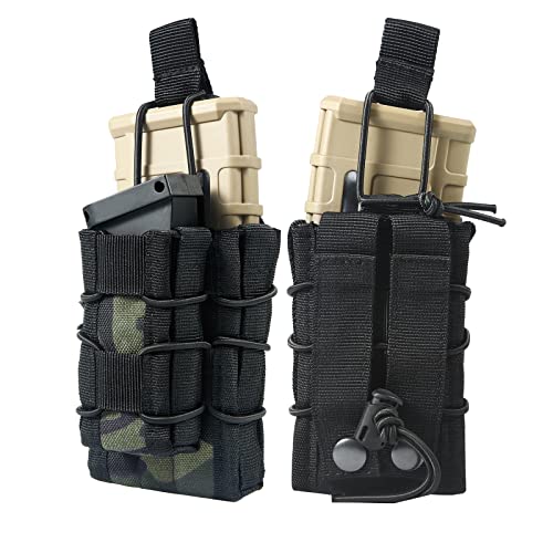 2 Packs Double Molle Mag Pouch 9mm/.40 Pistol Magazine Pouch and 5.56mm 7.62mm Rifle Mag Pouch Set Dual Stack Magazine Pouch Carrier Multicam Black
