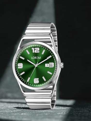 Image of LOREM Men's Stainless Steel Watch, Black Round Dial, Silver Band, Date Display, Quartz Movement