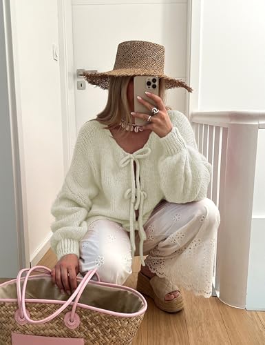 Image of SKIKYAN Women Bowtie Oversized Knit Sweater Cardigan Y2K Long Sleeve V Neck Open Front Casual Knitwears