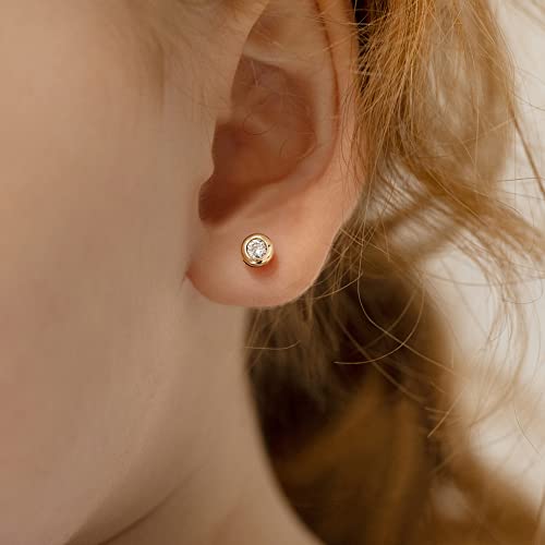 14k Yellow Gold Clear Round Cubic Zirconia Screw Back Earrings For Toddlers and Little Girls - Sparkling Clear CZ Stud Earrings For Young Girls3