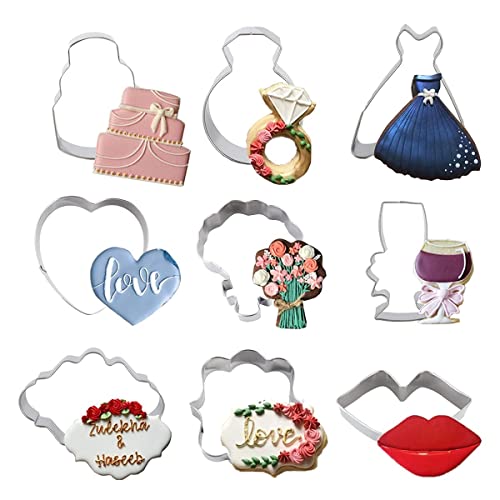 Wedding Cookie Cutter Set Stainless Steel With Heart, Diamond Ring, Wedding Dress, Cake Bouquet, Oval Shapes For Bridal Shower Engagement Biscuit Fondant Molds #TOP1