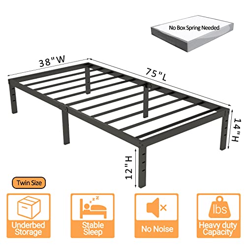 Duriso 14 Inch Twin Size Bed Frame Heavy Duty Metal Twin Size Platform Max 2000Lbs Underbed Storage Space No Box Spring Needed Easy To Assemble No Noise Black #TOP2