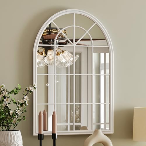 Image of Window Mirrors for Wall Decor - Large Farmhouse Arched Window Pane Mirror Decor Living Room,Ideal Wall Mounted Mirror for Entryway, Fireplace, Dining Room,Bedroom,36 inchX24 inch White Metal Framed