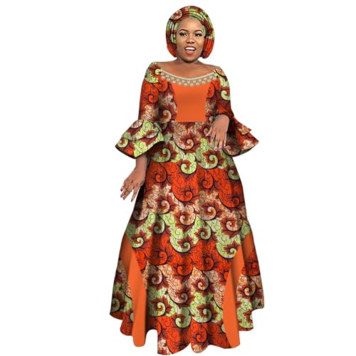 Image of iooiooi Womens African Print Party Maxi Dress Ankara Long Dress & Headwrap | Ankara Print Maxi Dress for Women,Flared Bell Sleeve Party Gown