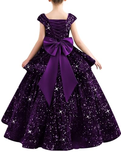 Sequin V Neck Pageant Dress for Girls Long Ball Gown Prom Dresses with Bow Sparkle Party Dress