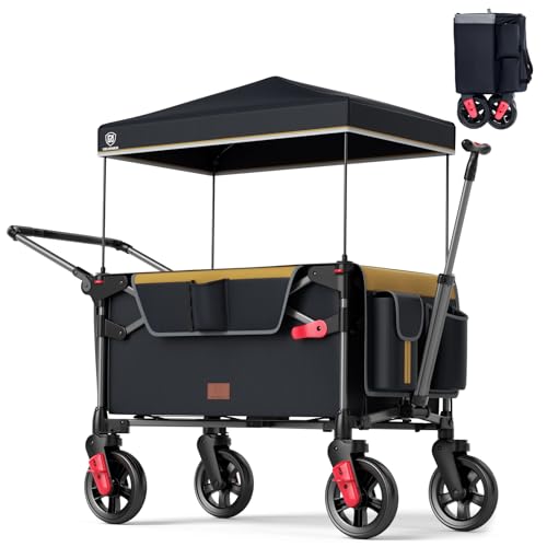 EVER ADVANCED Ultra-Compact Wagon for 2 Kids, Travel Foldable Push Pull Wagon Stroller with Removable Canopy, Adjustable Handles & Harnesses, Black Yellow
