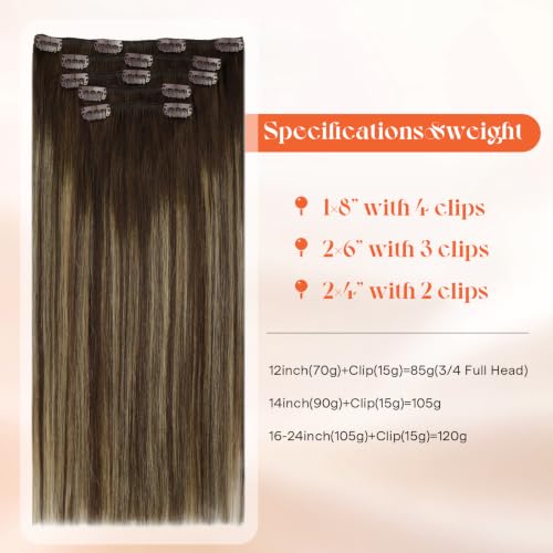Image of Sunny Hair Clip in Hair Extensions Real Human Hair Brown Balayage | Clip in Hair Extensions Brown Balayage Caramel Blonde Short Hair, Natural Looking Blend and Comfortable Wear 12 Inch 85g