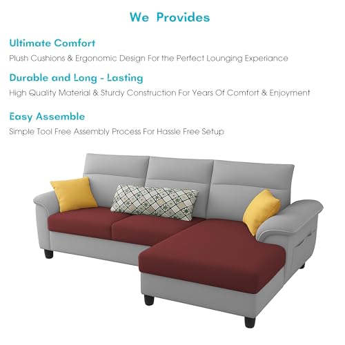 Image of Casaliving Seams RHS 4 Seater L Shape Sofa for Living Room (Maroon Grey Fabric) Premium Fabric Sofa